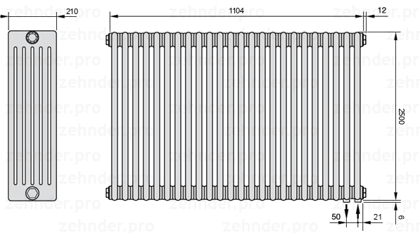 Схема (чертеж) Радиатор Zehnder Charleston 6250/24 №5510 Белый глянцевый RAL 9016